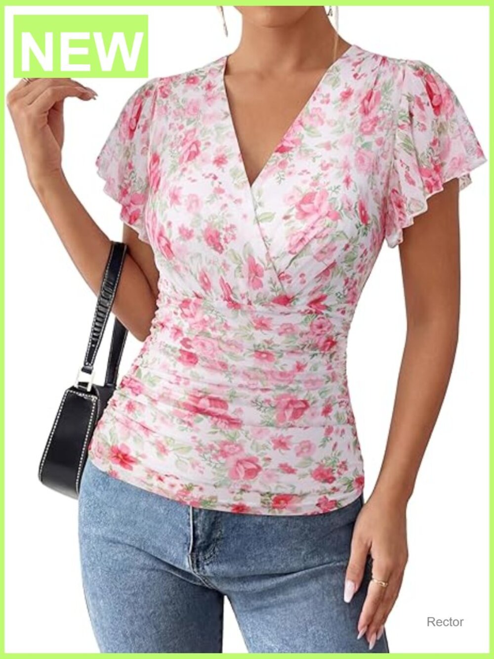 Mesh Ruffle Sleeve Wrap Blouse Fashion Top